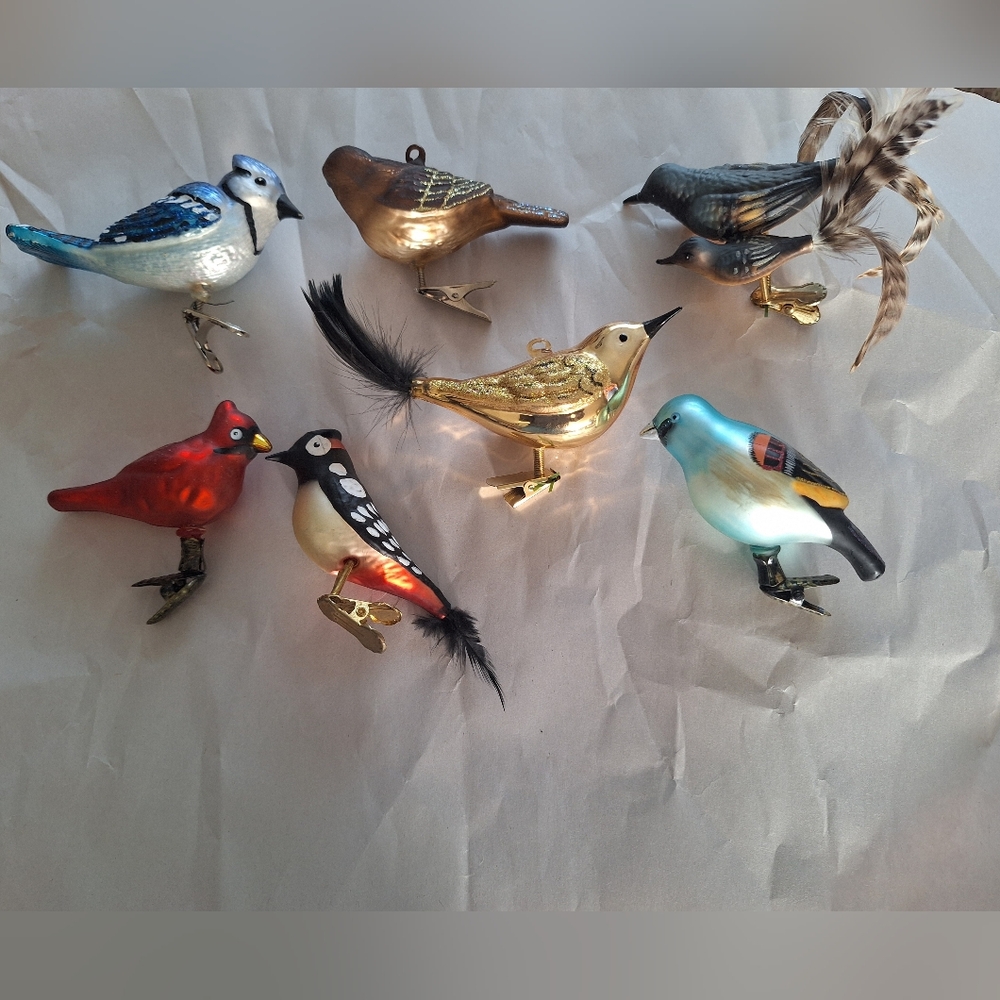 7 Vintage Glass Bird Ornaments